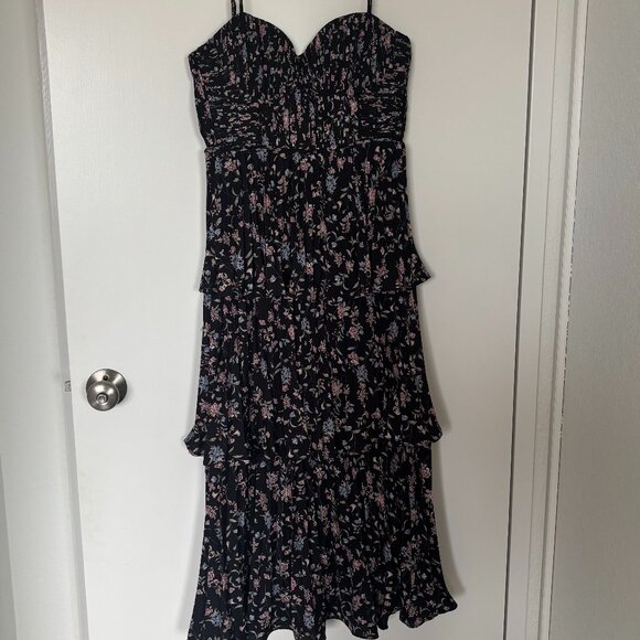 Lulus Cascading Crush Black Floral Print Tiered Bustier Midi Dress | Size XS - Picture 2 of 6